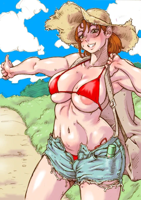 日曜日の 過去イラストのコーナー。画材の買い出しと 知り合いの子を誘いに ヒッチハイクする女子。 