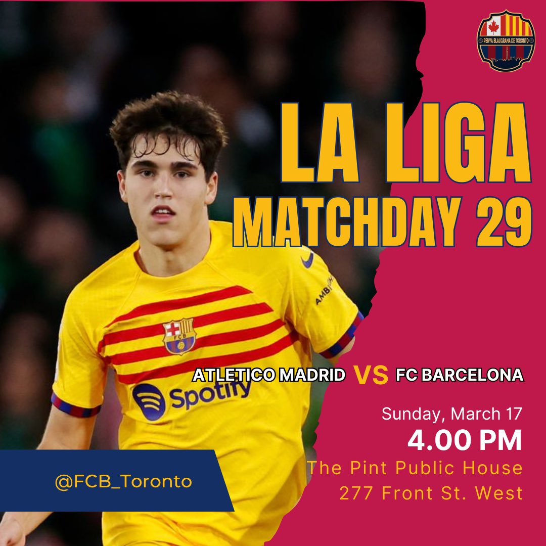 FCBToronto's tweet photo. We are facing the first final of the season!!!! Join us at @thepinttoronto and let’s beat Atletico together and clam the 2nd place in the table!!! Visca el Barça!!! 
#FCBPenyes #FCBToronto #LALIGAEASPORTS https://t.co/FNlZWV4pdm