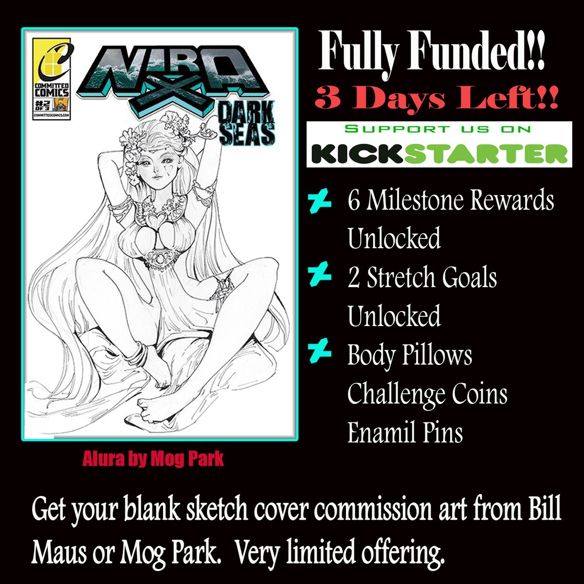 3 days left to back Nira X: Deep Seas. Beautiful  Bill Maus cover and variants by Tony Moy and Kat Maus, nude & metal. Blank sketch cover commissions from Bill Maus and me too!
Link in the comments.
#coverartist #comics  #blanksketchcover  #coverartist #artist #traditional