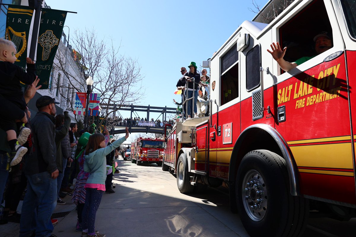 🍀 Feeling the luck of the Irish today as I join the St. Patrick’s Day Parade! 
🚒🔥 <a href="/slcfire/">Salt Lake City Fire Department</a> lighting the parade route with Truck 2 and Medic Engine 3.