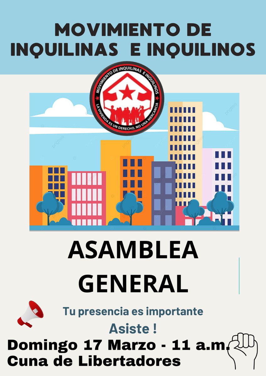 Nancy96167620's tweet photo. *Movimiento de Inquilinas e Inquilinos* convoca  este Domingo 17 de Marzo a su ASAMBLEA GENERAL,
Hora: 11:00am
Lugar: Sede de Pobladores, casa de Consejo Comunal Cuna de Libertador, esquina Conde a Piñango, a una cuadra de la Vicepresidencia. https://t.co/6hNk37BJkP