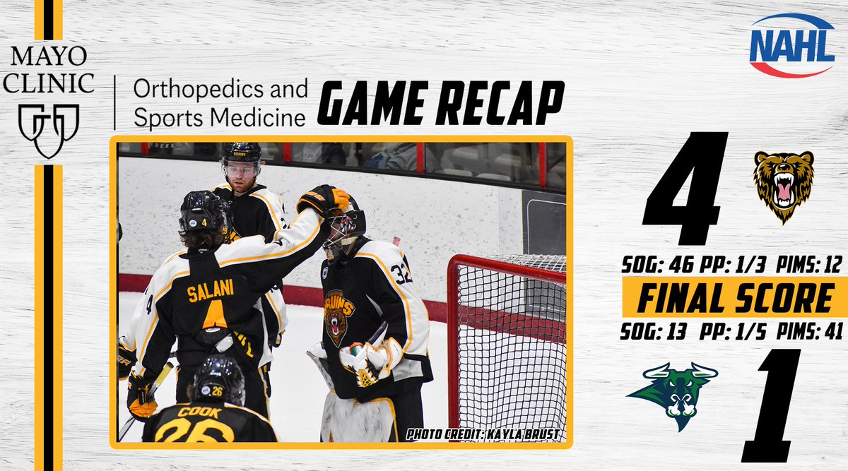 theaustinbruins's tweet photo. A big win here in Mason City! We take this one by the final of 4-1 and we look to host Minot next weekend at Riverside Arena.

#BearWitness 🐻 https://t.co/PpjsbhKYaf