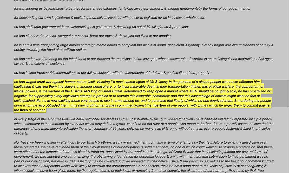 LITTLE KNOWN FACT: These days... most people don't know there is a FIRST DRAFT of our Declaration. In it... Jefferson calls slaves 'men,' and condemns the King of Great Britain for ever having brought that abominable practice to our shores. 👇🏾-VJ (Declaration of Independence)