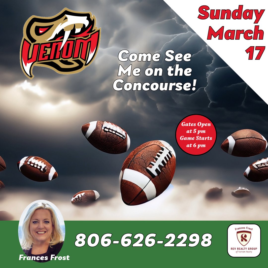 RevRealtyGroup's tweet image. I'm sponsoring the March 17th Amarillo Venom GAME! Come catch some great indoor football and visit my booth on the concourse! 806.626.2298 
#AmarilloRealEstate #Amarillovenom #FrancesFrostRealtor
