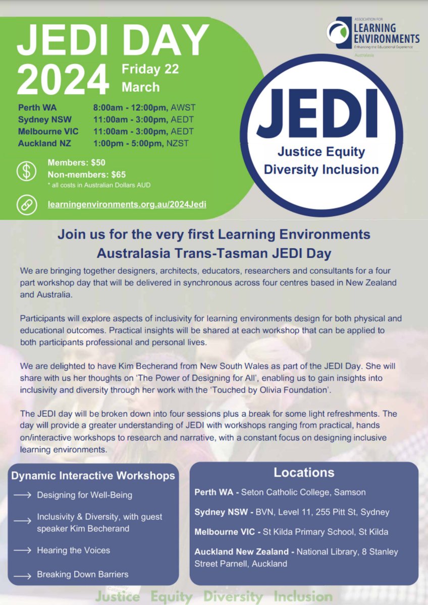 LENewZealand's tweet photo. 🌟 Join us this Friday, March 22nd for #JEDIDay, fostering inclusivity in learning environments 🏫✨ Tailored for designers, educators, researchers, consultants, and architects, who can also receive 40 CPD points. Limited tickets. Secure your spot now: https://t.co/KSMdLHE9eM https://t.co/QWViSdwF5N