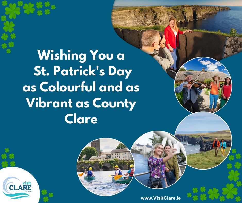 Wishing you a St. Patrick's Day as colourful and as vibrant as County Clare 💛💙☘ With a variety of parades showcasing local pride and tradition, discover the spirit of the Banner in these cherished festivities, concerts and family-fun events too, visitclare.ie/events/patrick…