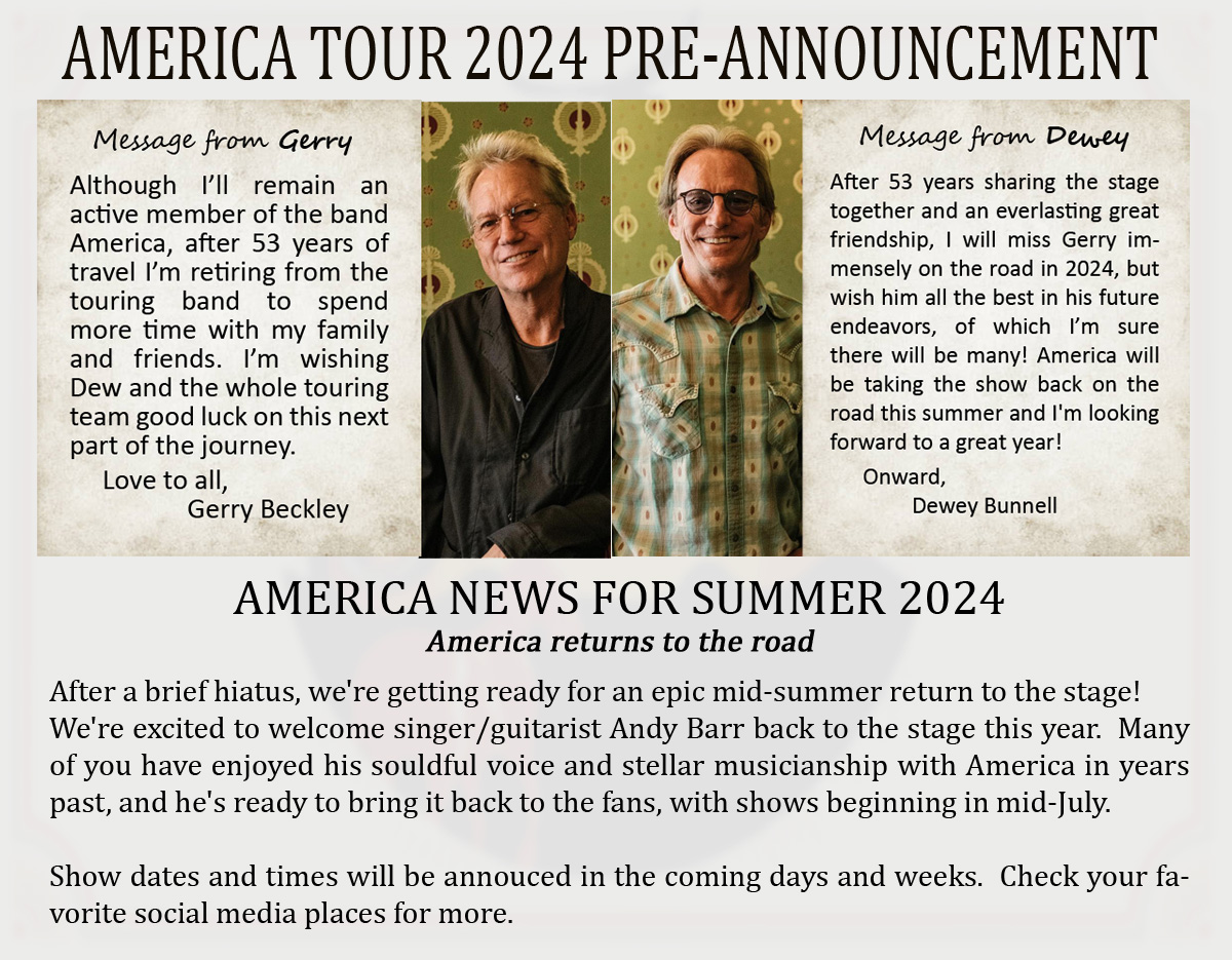 Legendary band America returns to the stage this summer with guitarist Andy Barr back in the lineup! 🎸 Get ready for hits like 'A Horse with No Name' and 'Ventura Highway.' Tour dates coming soon! 🎶 #AmericaBand #SummerTour