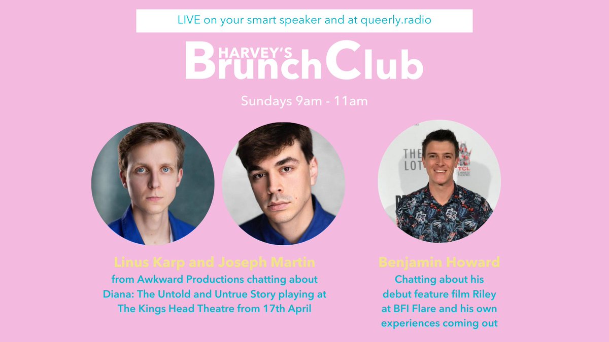 Harvey's Brunch Club is LIVE with special guests @linuskarp and @suddenlyjoseph from @AwkwardProds chatting 👸🏼 #UntrueDiana @KingsHeadThtr from 09:30am. Director @TheBenHoward will be chatting about his feature film debut Riley playing @BFIFlare from 10:10am. Listen on TuneIn…