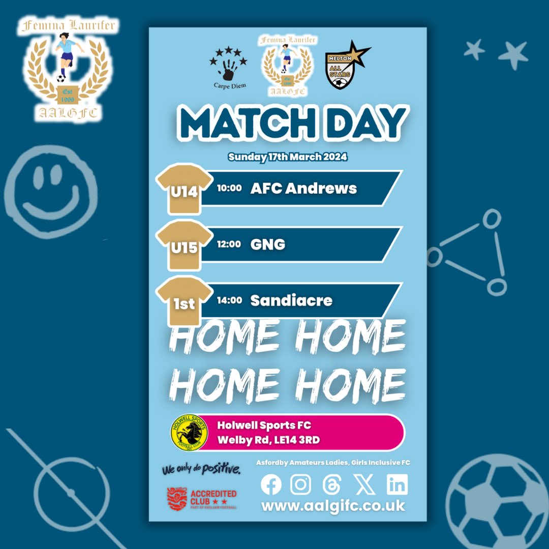 ⚽ HOME MATCHES at <a href="/1902Hsfc/">Holwell Sports FC</a> 🩵

Good luck to all our teams playing at home this Sunday! 🙏🏼👏🏻

#AALGIFC 

<a href="/leicsfa/">Leicestershire FA</a> <a href="/englandfootball/">England Football</a>