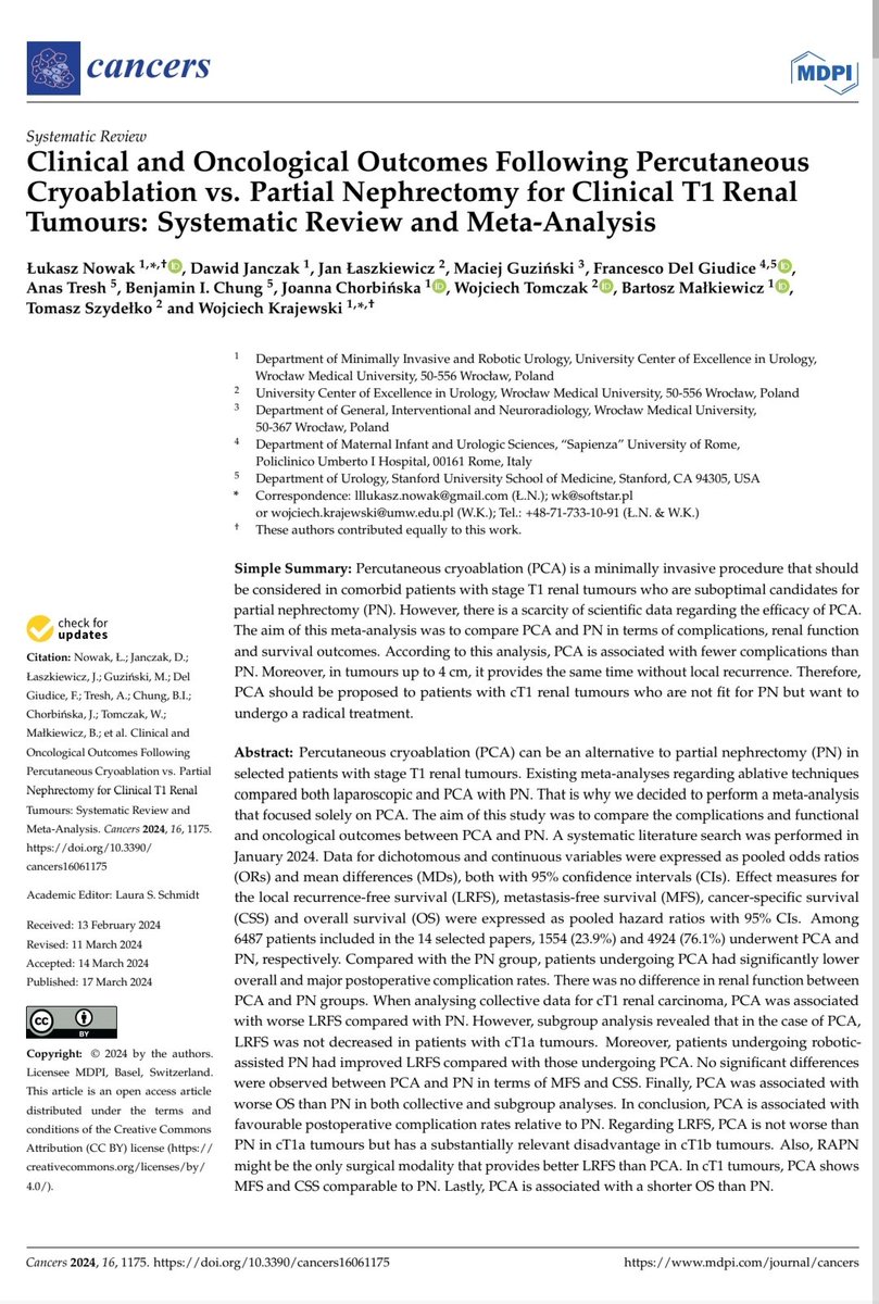 Łukasz Nowak (@lukasz_t_nowak) on Twitter photo Our latest SR and MA "Clinical and Oncological Outcomes Following Percutaneous Cryoablation vs. Partial Nephrectomy for Clinical T1 Renal Tumours: Systematic Review and Meta-Analysis" is now available.
<a href="/wojciechpiotrk1/">wojciech_piotr_krajewski</a>
<a href="/bartmalkiewicz/">Bartosz Malkiewicz</a>
<a href="/ChorbinskaJ/">Joanna Chorbińska</a>
<a href="/f_delgiudice/">Francesco, Del Giudice</a> Our latest SR and MA "Clinical and Oncological Outcomes Following Percutaneous Cryoablation vs. Partial Nephrectomy for Clinical T1 Renal Tumours: Systematic Review and Meta-Analysis" is now available.
<a href="/wojciechpiotrk1/">wojciech_piotr_krajewski</a>
<a href="/bartmalkiewicz/">Bartosz Malkiewicz</a>
<a href="/ChorbinskaJ/">Joanna Chorbińska</a>
<a href="/f_delgiudice/">Francesco, Del Giudice</a>
