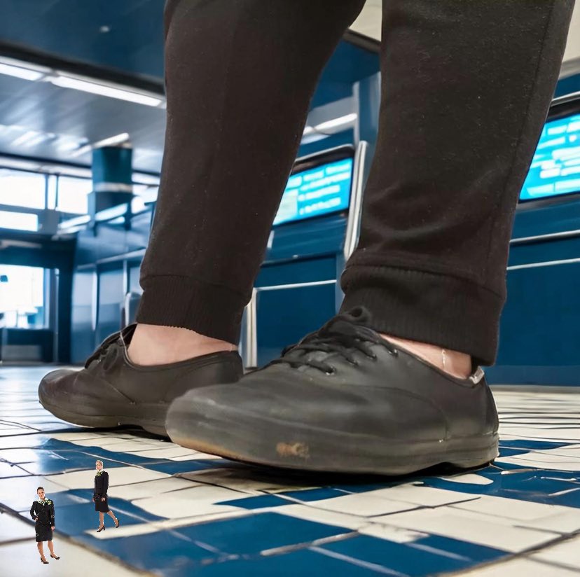 guygonesmall's tweet photo. Becca was flying out later that day to go to the East coast and while she was standing in line she did not see the shrunken flight attendants cross her path as she was waiting to hop in line for her tickets. #ShortStories #WritingCommunity #KedsShoes #UnawareGiantess #Shoes https://t.co/eWmUKevbHR