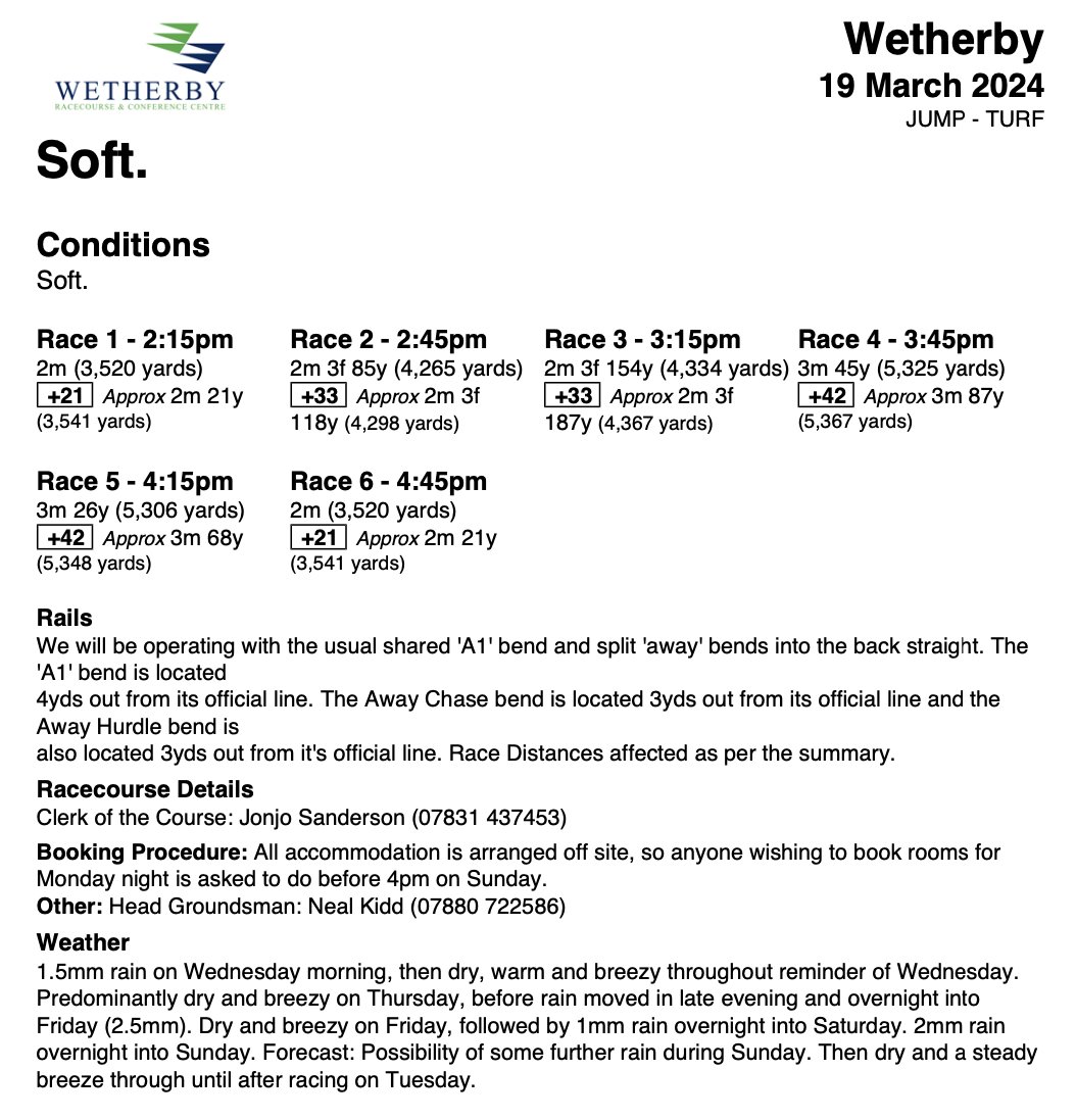 Jonjo Sanderson (@jonjosanderson) on Twitter photo Another Declarations morning! So here are the latest ground and weather conditions ahead of racing <a href="/WetherbyRaces/">Wetherby Racecourse</a> on Tuesday 19th March. Another Declarations morning! So here are the latest ground and weather conditions ahead of racing <a href="/WetherbyRaces/">Wetherby Racecourse</a> on Tuesday 19th March.