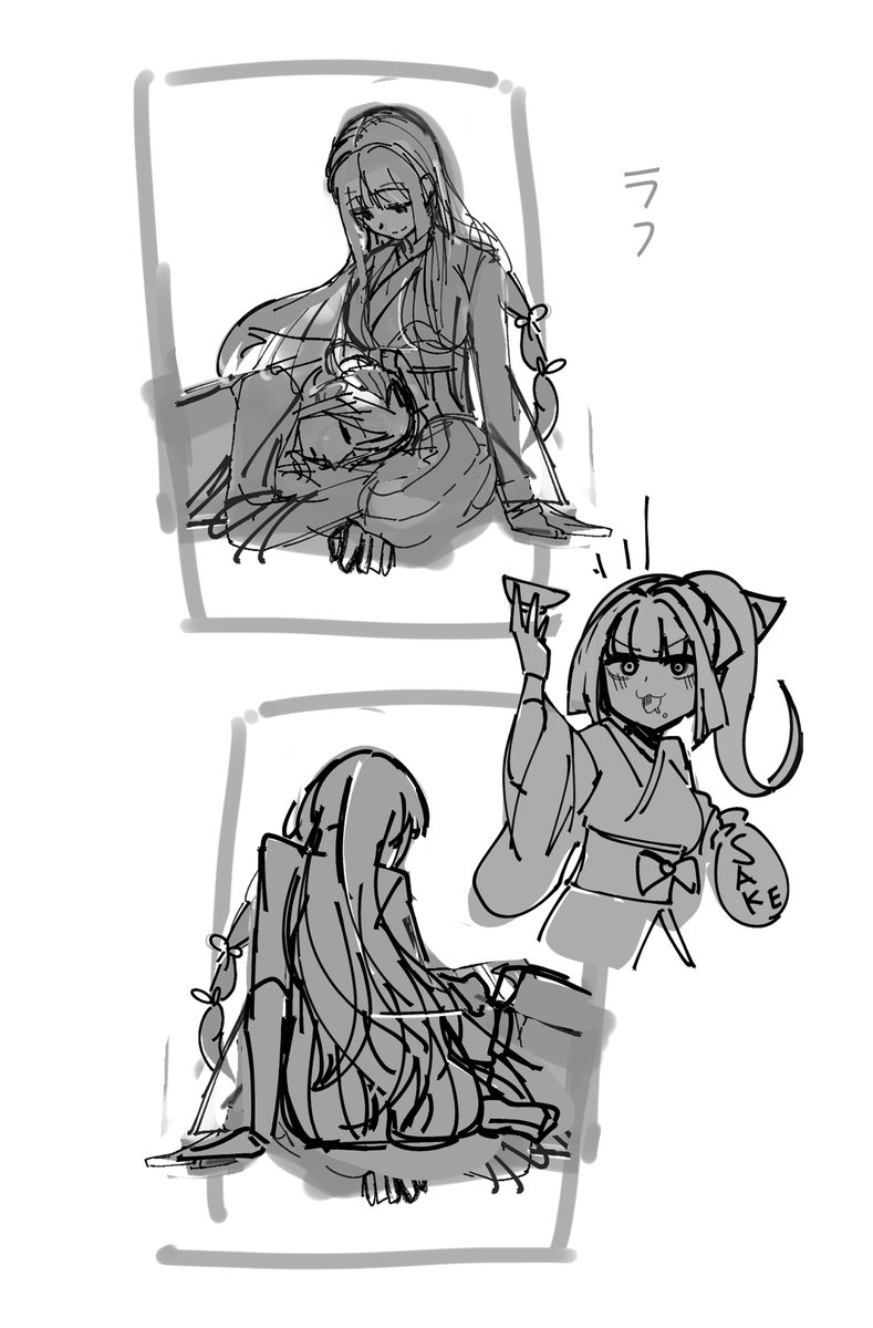 前にも姉妹で描いたことがあったので懐かしく描けました。贈り物イベントで有岡城ちゃんが酔った姉に追い回されているのが可愛らしいとさ認識できましたぜ。
ご依頼ありがとうございました～🍣
※いつもの作業工程 