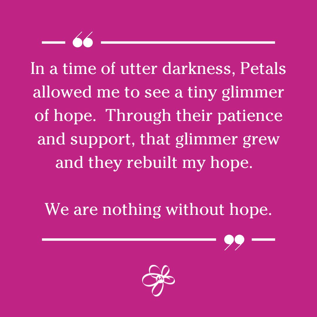 The compassion and understanding of Petals' specialist counsellors create a safe and confidential environment for parents to talk freely about their trauma and loss, helping them find a path out of the darkness to a place of hope. ow.ly/xraz50QUYFZ #babyloss