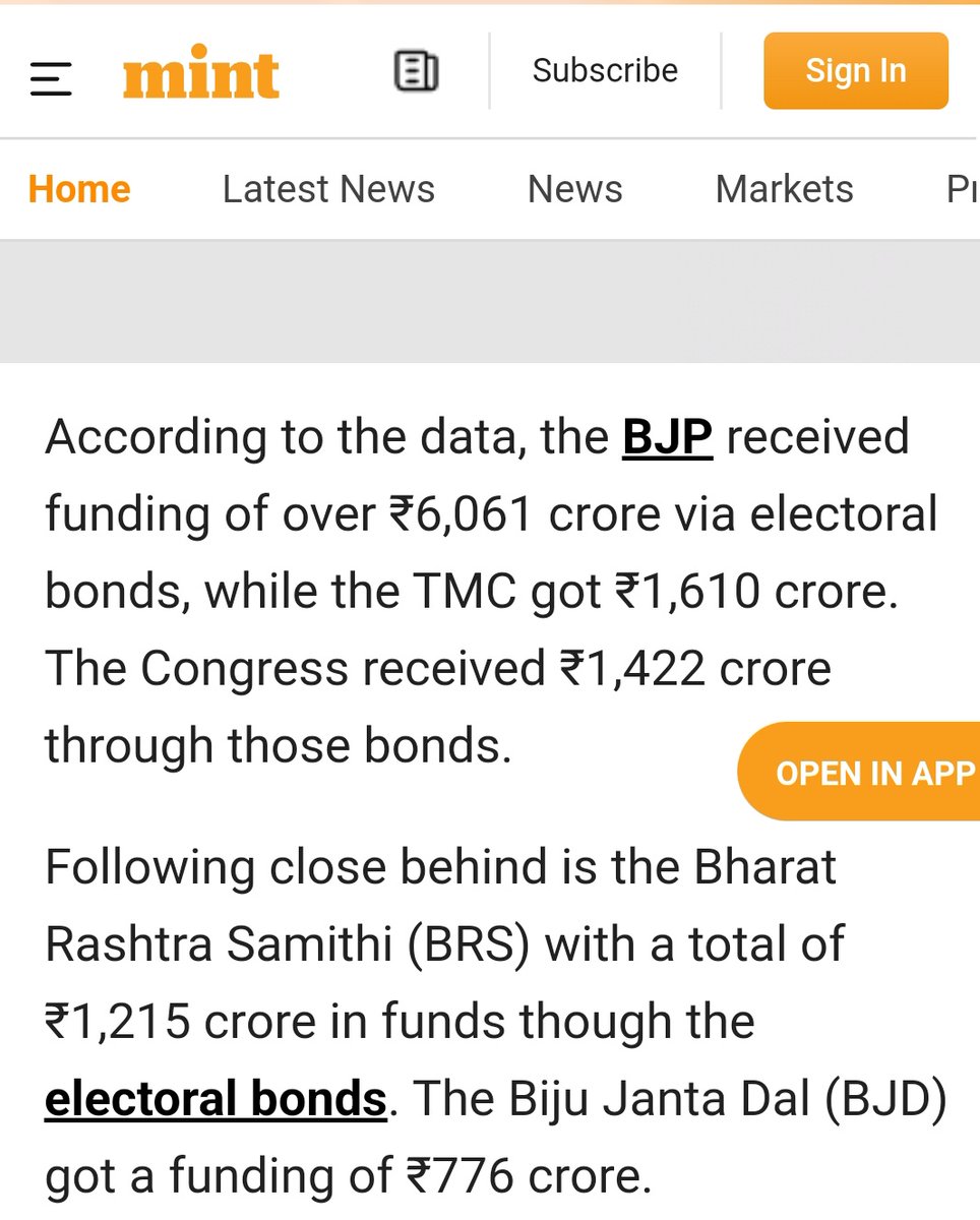 #JustAnObservation

#BJP 6061 Crs

#TMC recieved 26.6% of BJP
and #BRS received 20% of BJP.

BJP has Central + States

But TMC & BRS are confined to only ONE State each in #India.

So they're more #Corrupt ?

ps: NOT SUPPORTING THESE #ElectoralBonds.
And #Black is Unknown factor.