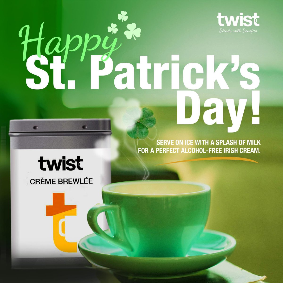 #Happy #stpatricksday  ☘️ Here's our special Creme Brewlee Twist ☕ Serve on ice with a splash of milk for the perfect alcohol free Irish Cream! 💚 <a href="/TwistTeas/">Twist Teas</a> 🫖
