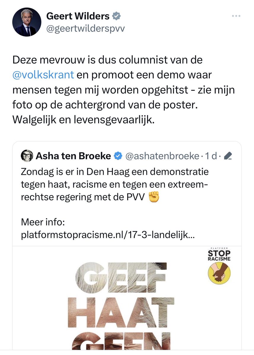 Vandaag is er in Den Haag een demonstratie tegen haat, racisme en tegen een extreem-rechtse regering met de PVV. Aanvang: 13 uur, tegenover het torentje aan de Hofvijver. 

Ik heb de indruk dat Geert Wilders het heel vervelend vindt als er veel mensen zouden komen. Just saying 😉