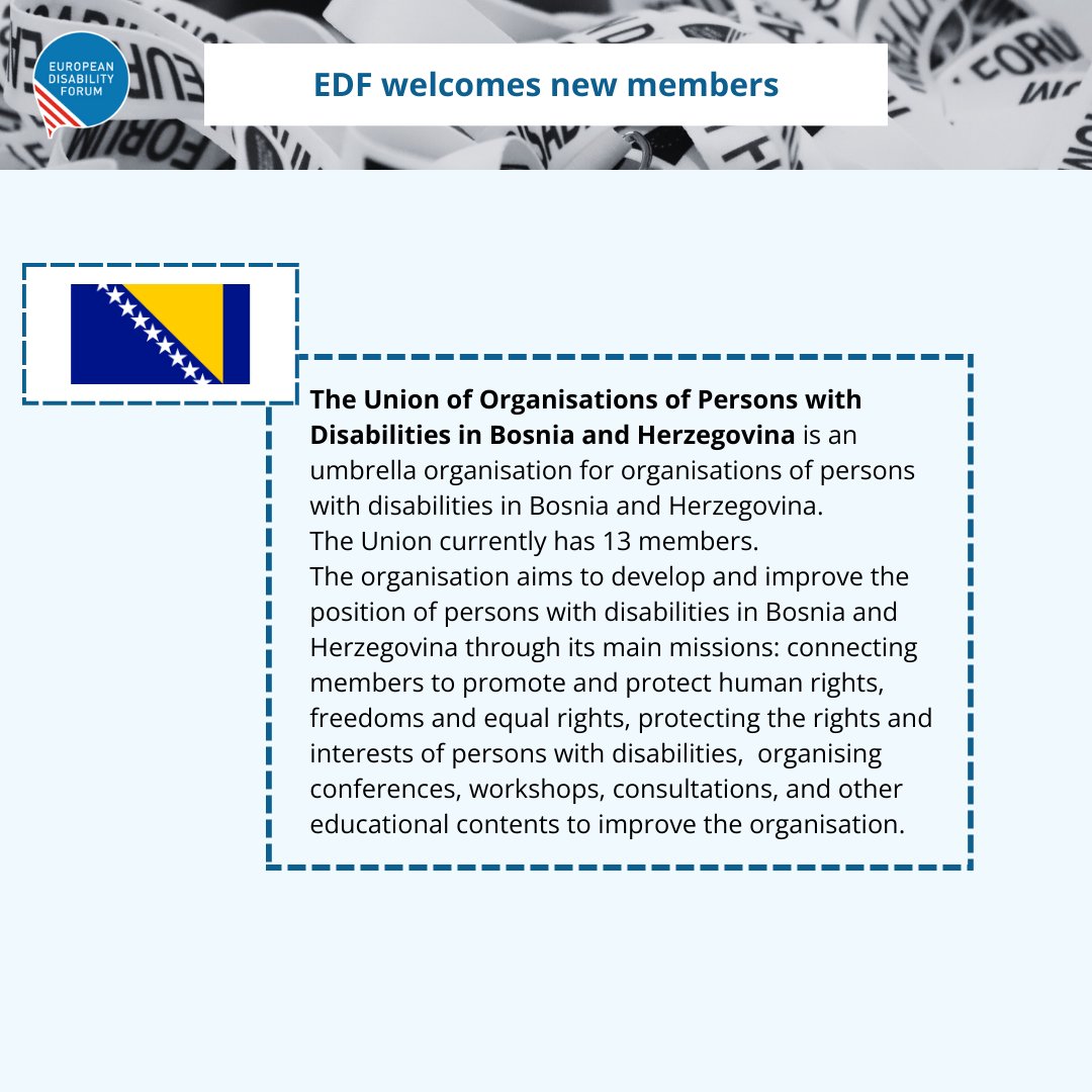 We welcome our new members: ▶️European Spinal Cord Injury Federation: escif.org ▶️Newcomers with Disabilities in Sweden: newcomerswithdisabilities.se ▶️Union of organisations of persons with disabilities in Bosnia and Herzegovina 🇧🇦