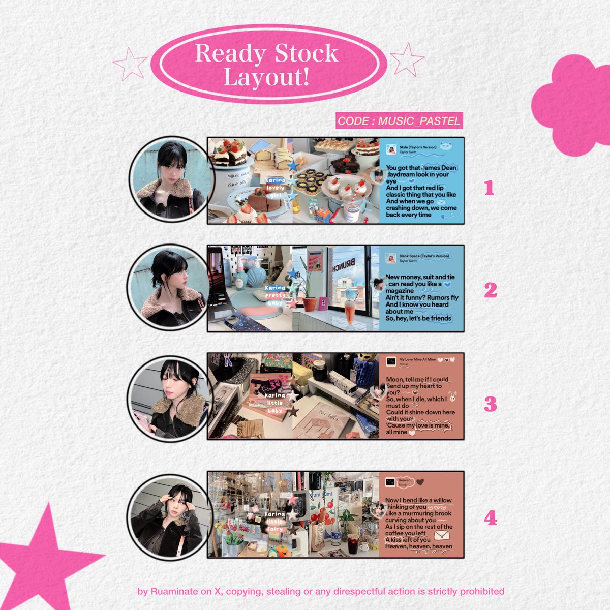Ruaminate's tweet photo. a retweet would be appreciated! 🎀

haALoooOO... 🥢 aku ada layout ready stock karina edition yang bisa kamu take sekarang juga 💨💌 untuk price bisa cek +ALT ya, langsung dm aku aja dengan code + nomor layout, have a great day all! 🤍 (#zonauang #zonaba) https://t.co/fdn21HauwS