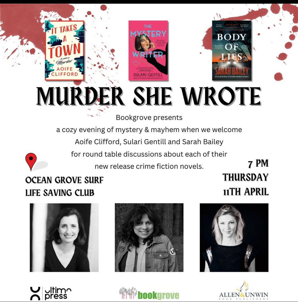 What a trifecta! Join three terrific Aussie crime writers for an evening of mystery and mayhem at Ocean Grove Surf Life Saving Club at 7pm on Thursday 11 April. Chat with @aoifejclifford, @SulariGentill and @sarahbailey1982 about their new reads. Booking: trybooking.com/events/landing…