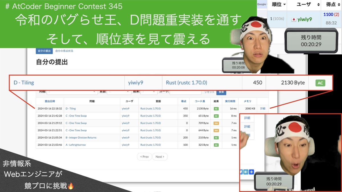 yiwiy9's tweet photo. 伝説の上振れ動画です。

D問題提出から順位表を見て気絶するところまでセットで見てください！！

相変わらずC問題をintで提出しデバッグ沼にハマってはいるので、いつもの岩井星人も見れます！！

チャンネル登録、高評価お願いします！！

https://t.co/8bfpXJcjAk
 
#AtCoder #ABC345 #YouTuber https://t.co/HEXrdDbkMT