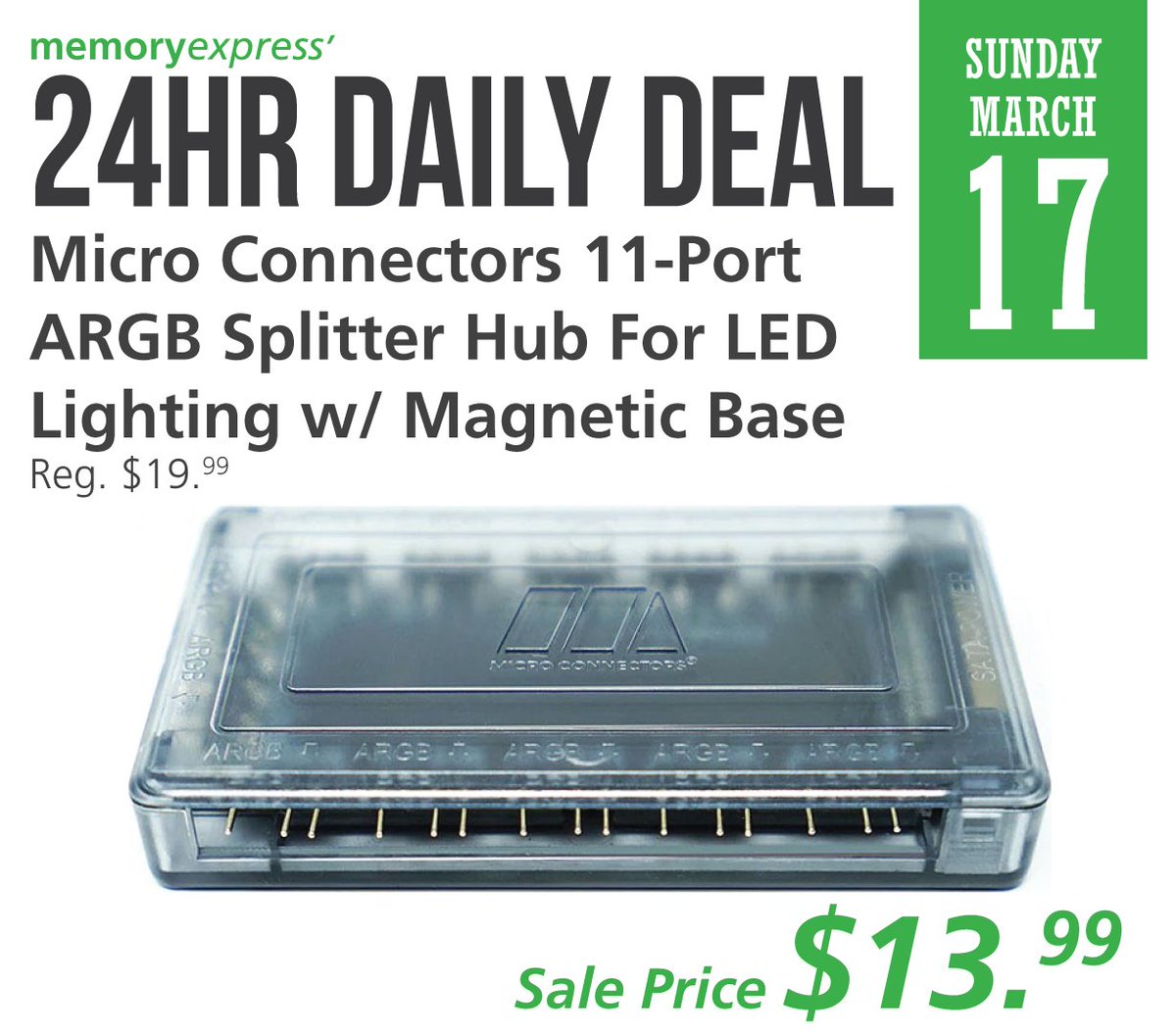 MemoryExpress's tweet photo. #24hrDailyDeal:
Use this #MicroConnectors 11-Port ARGB Splitter Hub to connect up to 11 RGB Fans / LED Lighting Strips to your PC. The Magnetic Base makes it easy and convenient to install in your Case.
Get one today on our 24hr Daily Deal for $13.99!
https://t.co/n8g7acAHAR https://t.co/aeYh5sOT2I