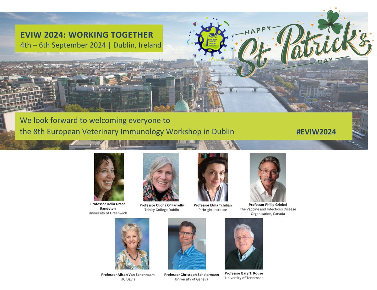Happy St Patrick's Day to everyone interested in Animal and One Health. Register for the upcoming EVIW 2024 Dublin at eviw2024.org. Our keynote speakers are exceptional leading scientists. Please RT. @ucdvetmed @ucdagfood @UCD_CHAS @UCD_OneHealth #EVIW2024