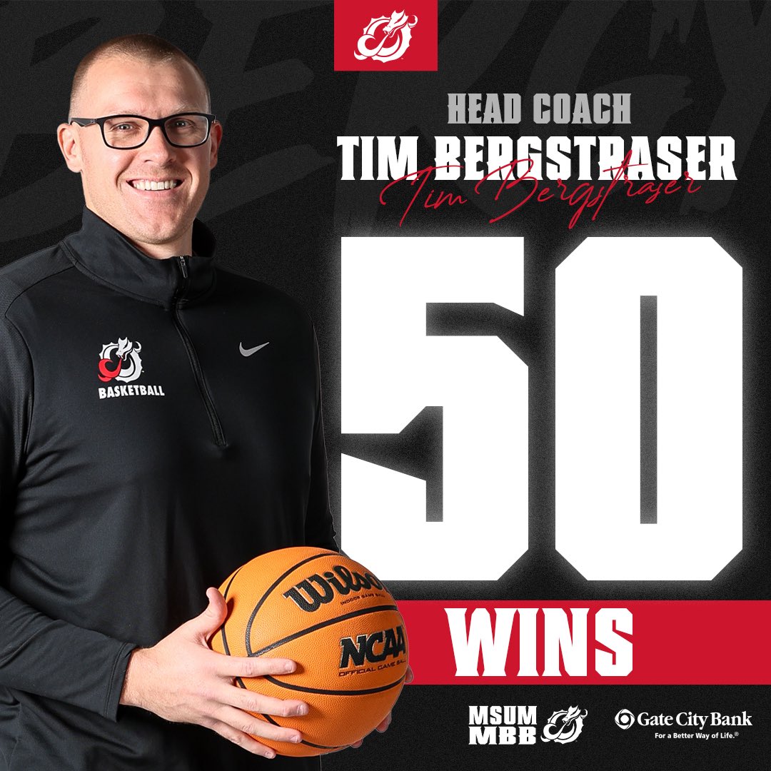MSUM_MBB's tweet photo. 50 CAREER WINS 🫨🫨

@CoachBergyMSUM is the fastest in SCHOOL HISTORY to get 50 career wins as head coach. CONGRATS BERG❤️‍🔥🐉

#together #RollDrags #DragonsMarchOn

📸: @theaverynelson https://t.co/iWuVasVlOU