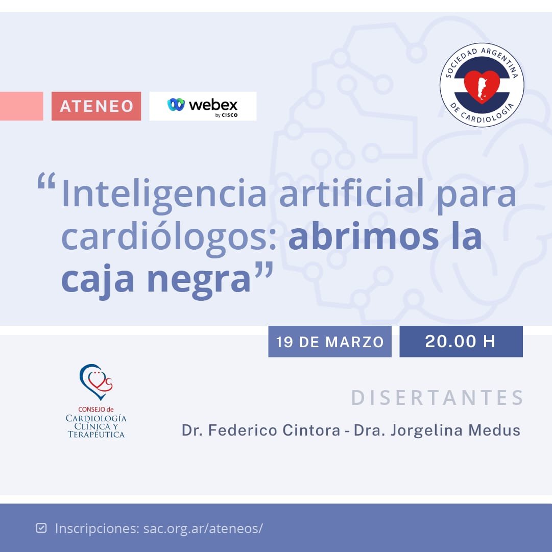 📢Primer Ateneo del 2024 de @clinicasac🩺. 🤖'Inteligencia artificial para cardiólogos: abrimos la caja negra' 🗓️ Próximo martes 19 de Marzo de 2024, 8PM🇦🇷. 💻Modalidad web. 🖋️Inscribite sin costo: sac.org.ar/evento/intelig… #Cardiology #CardioTwitter