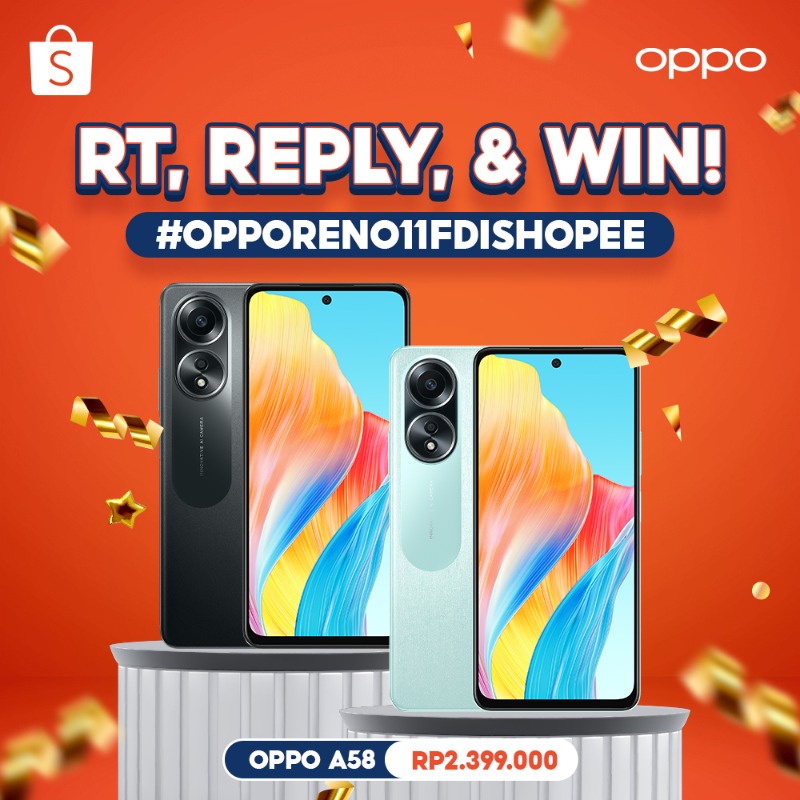 ShopeeID's tweet photo. ✨GIVEAWAY OPPO A58 ✨

Hari ini mimin &amp; OPPO mau GIVEAWAY OPPO A58 senilai total 2,3JT++ nih!
Caranya:

- FOLLOW  @ShopeeID
- RT &amp; LIKE tweet ini
- Klik banner di bawah ini
- Reply #OPPORENO11FDISHOPEE + kenapa mau mimin kirimin OPPO A58?

GOOD LUCK 🧡