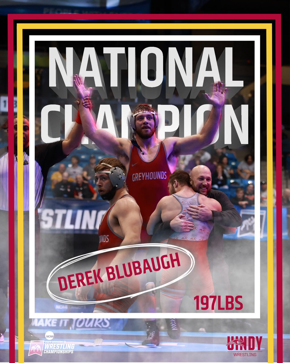 🏆 197lbs NATIONAL CHAMPION 🏆 3-Time Finalist Derek Blubaugh caps this year off with a dub over No.1 Dalton Abney in the National Finals by decision (5-1)! Congrats Mr. Blue Sky 🌌 #HoundsWrestling #OffTheChain #D2Wrestle #NattyChamp