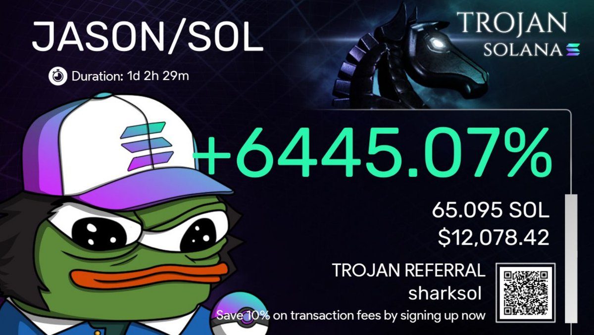 bro wtf I had -90% on $JASON, now I'm up 6500%

ty <a href="/elonmusk/">Elon Musk</a> 

this is just a reminder to never sell your bags if you are down bad, you have nothing to lose.

t.me/solana_trojanb…