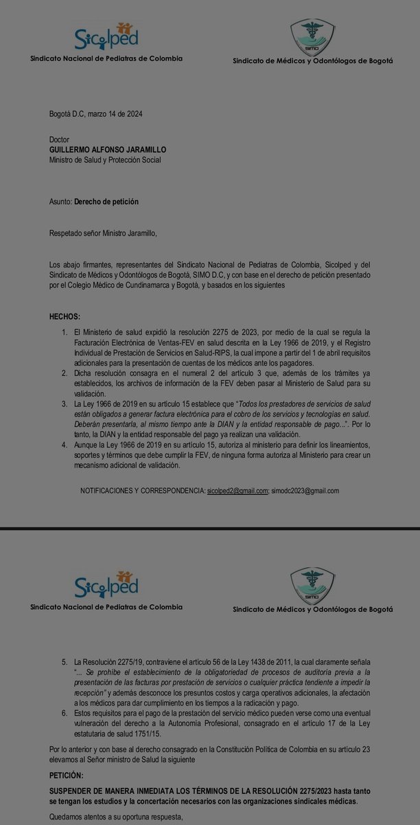 El Sindicato de Médicos y Odontólogos de Bogotá y el Sindicato Nacional de Pediatras de Colombia, solicitan a @MinSaludCol suspender los términos de la Resolución 2275 de 2023, por atentar contra la autonomía médica @MedicoFernandez @Sicolped1 @clemayorga @ColegioMedicoCB
