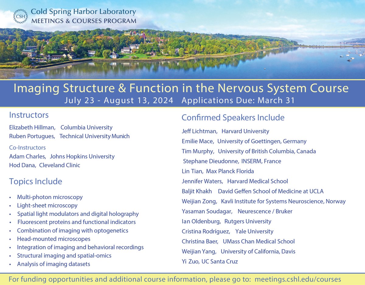 Imaging Structure &amp; Function in the Nervous System Course @ Cold Spring Harbor. 

Application deadline 31st March!

In-vivo microscopy, optogenetics, behavior, -omics, data analysis…  lectures, hands-on labs, builds, projects, guest speakers, TAs, vendors...

July 23-Aug 13 2024