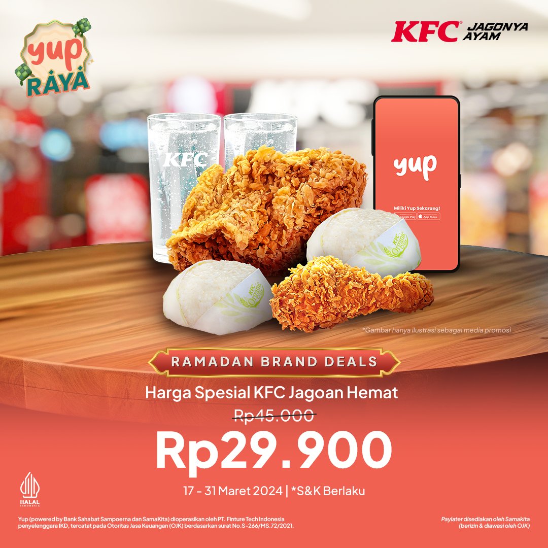 thinkyup_id's tweet image. Buka puasa bersama Yup bisa dapat Harga Spesial KFC Jagoan Hemat cuma Rp29.900* khusus dari 17 - 30 Maret selama keseruan Yup Raya @KFCINDONESIA 

Cek selengkapnya di sini: yupmkt.onelink.me/9NvA/RBkfcs

#Yup #AggregatorForBetterPaylater #RayakanBersama #YUPRAYA