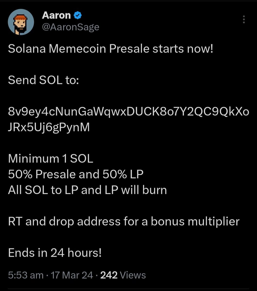 Influencer turned scammer @AaronSage reactivated his account few minutes ago just to join the meme coin mania on $SOL

⚠️ Do not join this Presale!
This guy is a scammer

With the rise of #NFTs on $SEI, Aaron became an influential figure. After a while, he launched his project