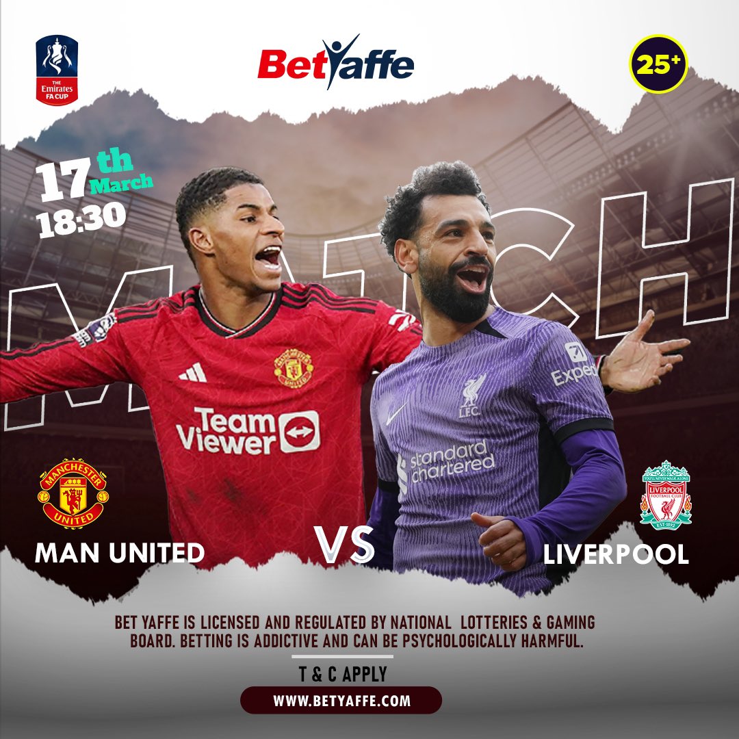 BetYaffe's tweet photo. 🏆 Biggest tie of the round. Manchester United vs Liverpool, in the FA Cup quarter-final.
🔗 Bet on the game via https://t.co/zl2uA1zu8b for the best odds.
25+ || Play Responsibly || TCs Apply
#FACup || #MUNLIV || #Betyaffe https://t.co/YiQbLh6LAw