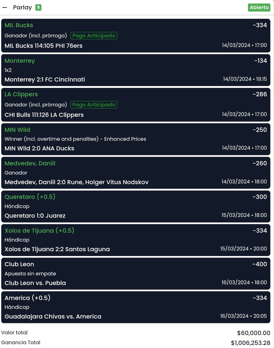 SE PRENDIÓ EL FUCKING CERRO 🔥🔥🔥🔥!!

GANAMOS OTRA VEZ UN MILLÓN DE PESOS 🤯!!

HISTORIA PURA LO QUE ESTAMOS HACIENDO 🔥❤️!!!

HEMOS GANADO PARLAYS CONSECUTIVOS DE UN MILLÓN DE PESOS COMPARTIDOS 100% GRATIS 🍾❤️!!

NUNCA ANTES VISTO !!

SE VAN $50,000 ENTRE LOS 🗨, 🔄 Y ❤️!!