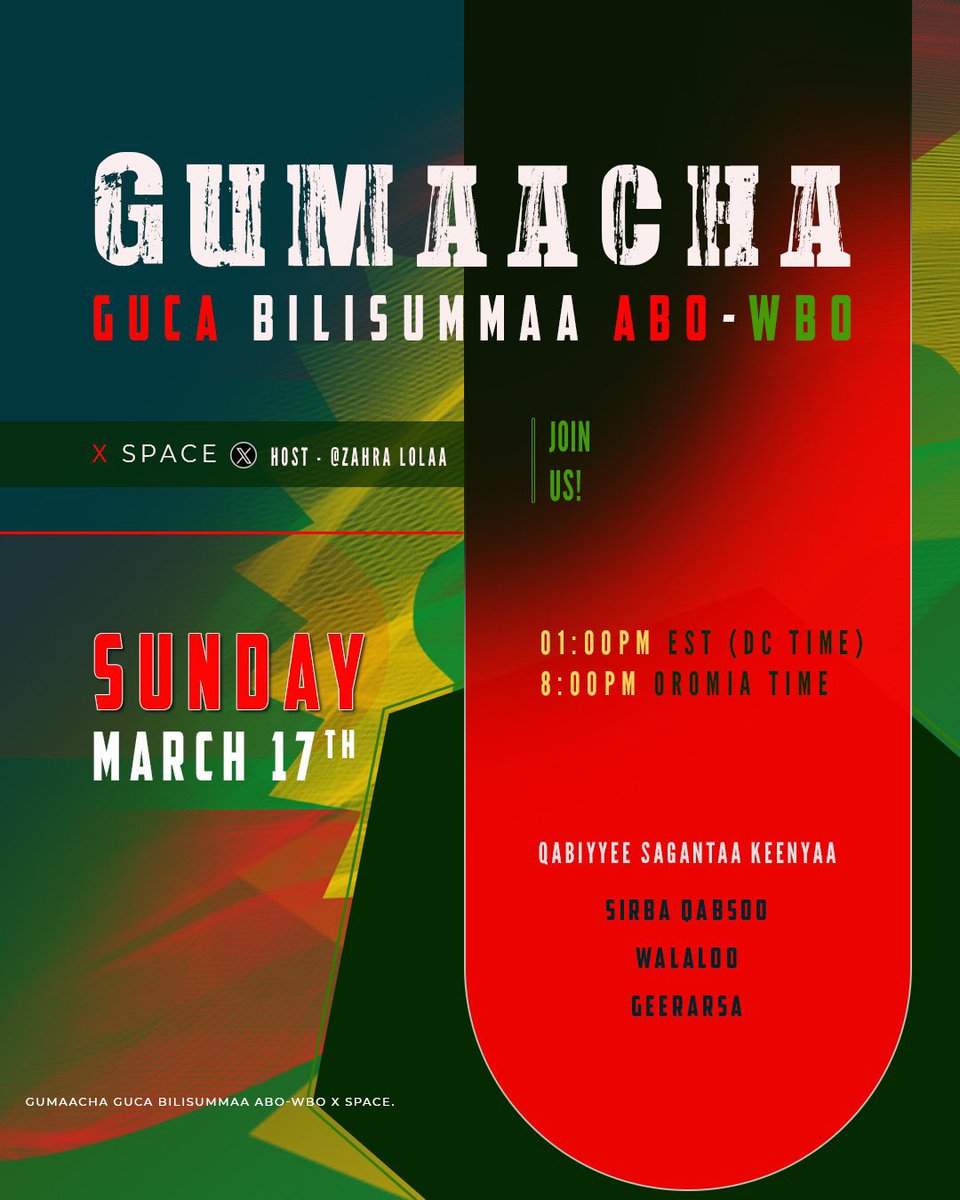 hawwiijatani's tweet photo. Guca   B i l i s u m m a a   ABO-WBO! Tomorrow, 01:00pm EST.  Qabiyyee  S a g a n t a a   Keenyaa | Sirba Qabsoo | Walaloo | Geerarsa |  #Oromia #OromoVoice #ABO_WBO https://t.co/Z1CchKXp1D