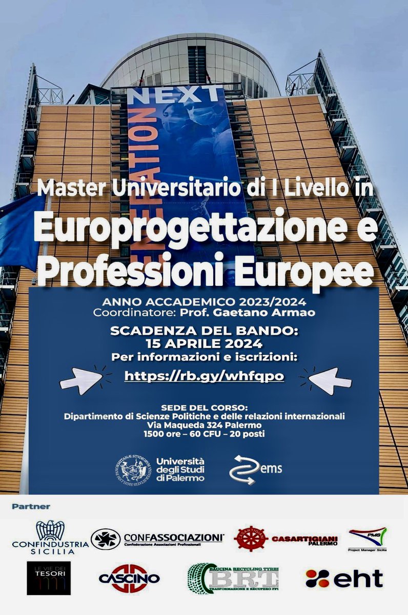 Pubblicato il bando del Master I livello “Europrogettazione e professioni europee” dell’Università degli Studi di Palermo, Unico Master universitario nel settore nel Sud Italia. @dipdems @unipa_it unipa.it/servizi/master…