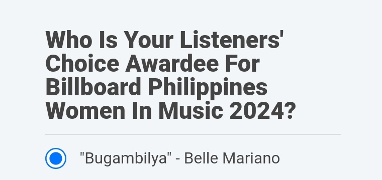 Want another achievement for #BelleMariano? 

Vote BUGAMBILYA on #BillboardPhilippines Listeners Choice!

#BelleBugambilya 

Click the thread to VOTE!