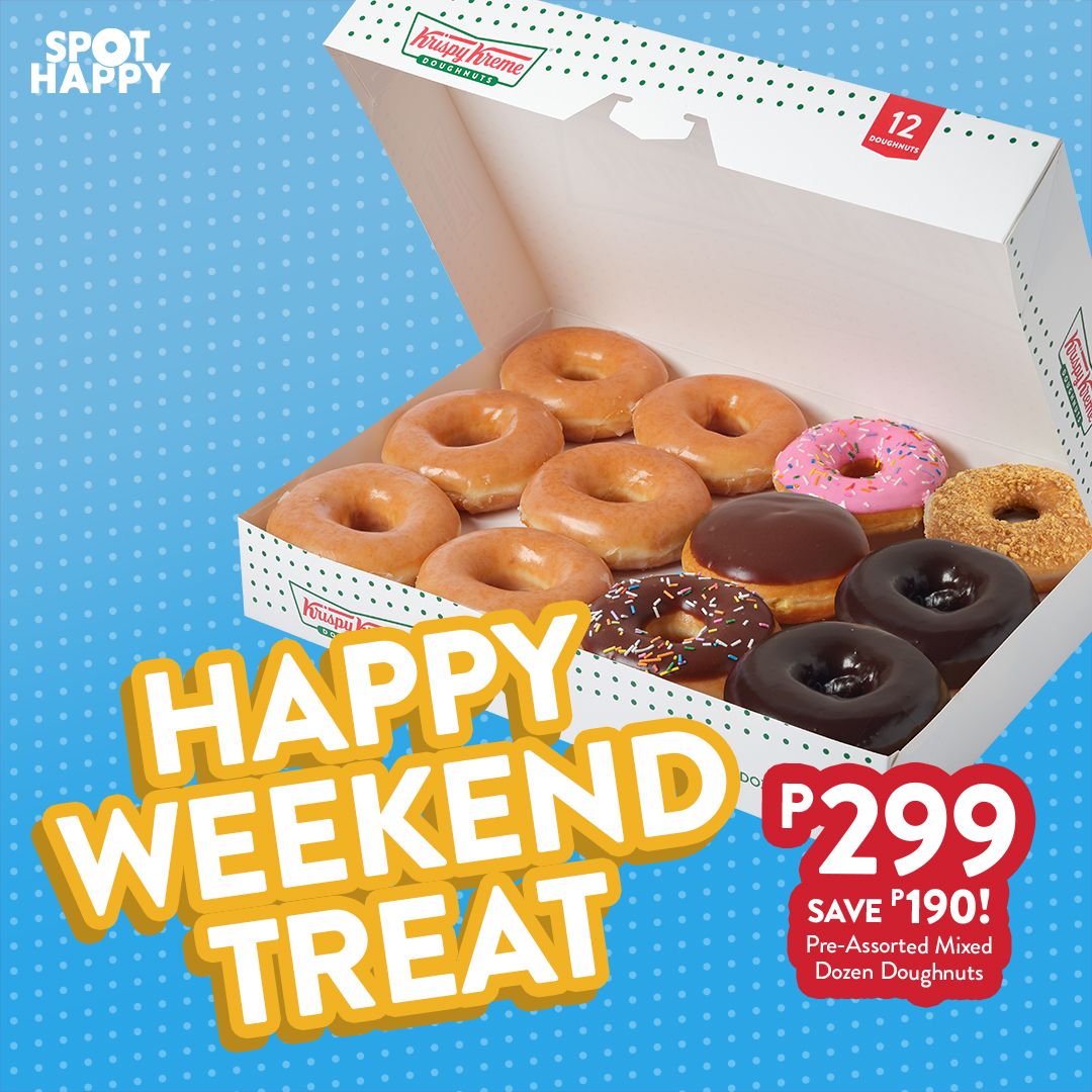 Weekends just got happier! #SpotHappy when you buy 6 Original Glazed®️ and 6 pre-assorted doughnuts for P299 on March 14 to 17 only! Save P190! 📍Krispy Kreme, 1L Annex #EverythingsHereAtSM