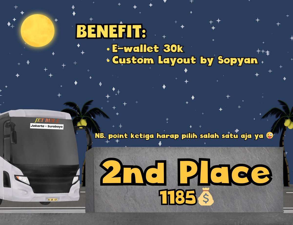 BISxMALAM's tweet photo. @bisPREMAN @bisSOEPIR Selamat kepada @CXIAObis, Juara 2 Penumpang Of The Week di minggu ketiga ini!

Kamu mendapatkan: 

E-wallet 30k (claim ke @bisCANGCIMEN) + Custom layout (claim ke @bisSOEPIR) https://t.co/kROOJUMcow