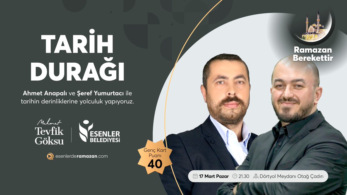 Otağ Çadırında Buluşalım Gençler! 🤓 Bugün iftardan sonra Ahmet Anapalı ve ile Şeref Yumurtacı ile tarih durağında bir araya geliyoruz. 🥰 Katılımcılara #GençKart'ta kullanabilecekleri 40 puan hediye! 🎁 📍 Esenler Dörtyol Meydanı