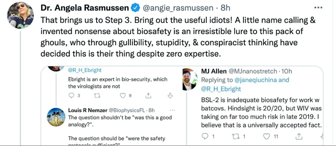 MJnanostretch's tweet photo. I'm a 30-yr cell &molecular biologist incl. yrs of hands-on work w viruses &had read Ralph Baric's MITTR interview that said the WIV had been flirting with disaster re: its SARSr bat virus work performed at BSL2. This was generally known as fact, the WIV had published a paper indicating this was their practice. Seeing my tweet Dr Rasmussen blocked &then smeared me as a 'gullible stupid conspiracist ghoul with zero expertise' (see screenshot below).
If a block &smear has never happened to you, you might be surprised how shocking &demeaning it feels. Especially scientist to scientist. I'd never even interacted w Dr Rasmussen but somehow she made it her business to go after me, knowing nothing about me.
PS: Rasmussen also went on to accuse me of being complicit somehow encouraging &excusing death threats she said were being made against her (I knew nothing about them but was sympathetic to her). This accusation was unfounded & wholly ridiculous. I am a Quaker and sworn pacifist condemning violence in all its forms. Never did I or would I ever condone or encourage violence against Dr. Rasmussen or any person. I made this abundantly clear to her to no avail. It was an unhinged attack on me &I have the screenshots.