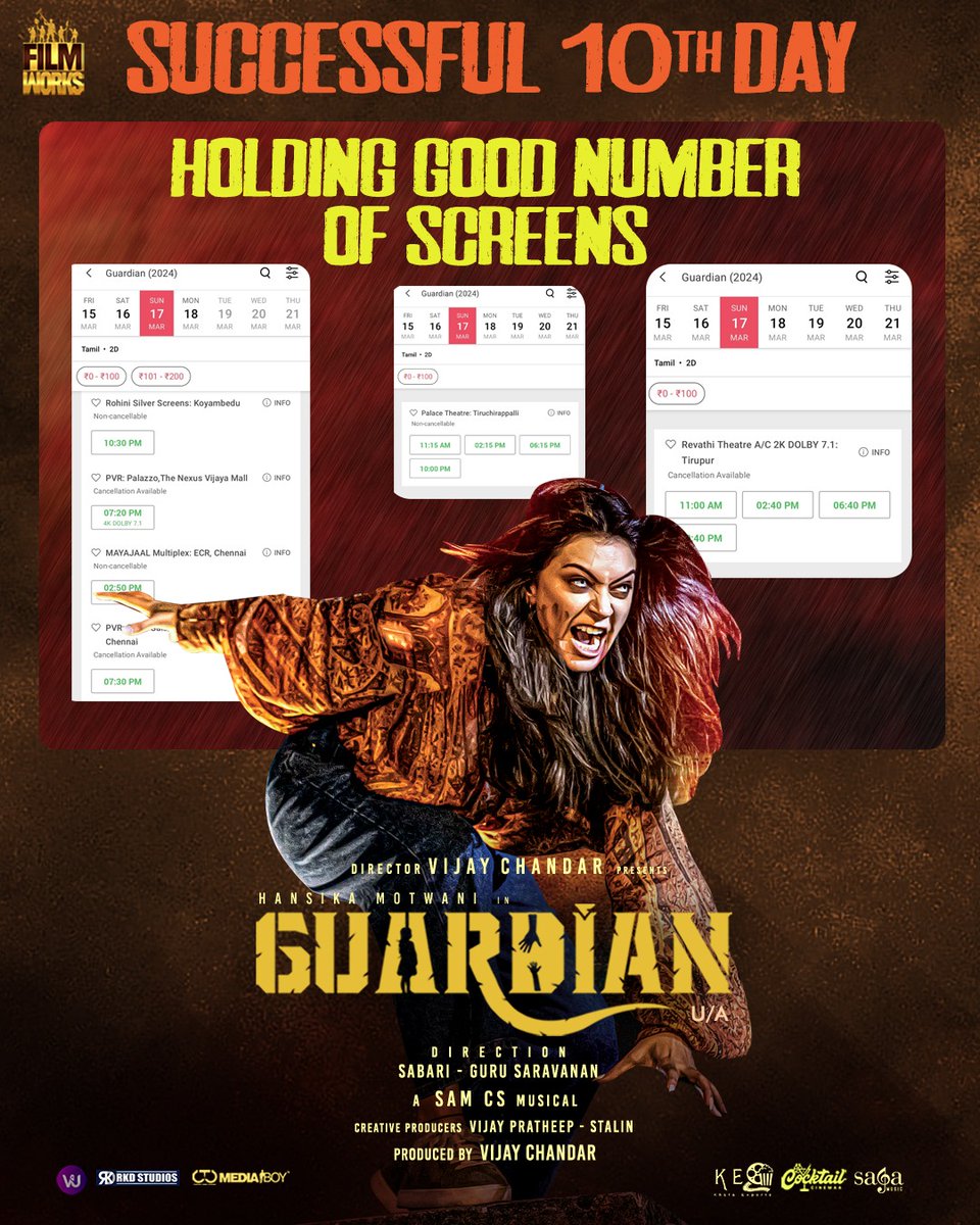 FilmWorks (@filmworksoffl) on Twitter photo #Guardian hits successful 10th day. Continuous positive reports from audience. An interesting fantasy revenge thriller
Starring <a href="/ihansika/">Hansika</a>
Music by <a href="/SamCSmusic/">𝐒𝐀𝐌 𝐂 𝐒</a>
<a href="/vijayfilmaker/">VIJAY CHANDAR</a> <a href="/gurusaravanan/">gurusaravanan</a> <a href="/sabari_gireesn/">S.Sabari Gireesan</a> <a href="/shakthi_dop/">Shakthi</a> <a href="/artilayaraja/">Lalgudi N Ilayaraja</a> <a href="/thiyaguedit/">Thiyagarajan Editor</a> <a href="/ActorSriman/">actor sriman</a> <a href="/Gopaljames1/">Gopaljames</a> #Guardian hits successful 10th day. Continuous positive reports from audience. An interesting fantasy revenge thriller
Starring <a href="/ihansika/">Hansika</a>
Music by <a href="/SamCSmusic/">𝐒𝐀𝐌 𝐂 𝐒</a>
<a href="/vijayfilmaker/">VIJAY CHANDAR</a> <a href="/gurusaravanan/">gurusaravanan</a> <a href="/sabari_gireesn/">S.Sabari Gireesan</a> <a href="/shakthi_dop/">Shakthi</a> <a href="/artilayaraja/">Lalgudi N Ilayaraja</a> <a href="/thiyaguedit/">Thiyagarajan Editor</a> <a href="/ActorSriman/">actor sriman</a> <a href="/Gopaljames1/">Gopaljames</a>