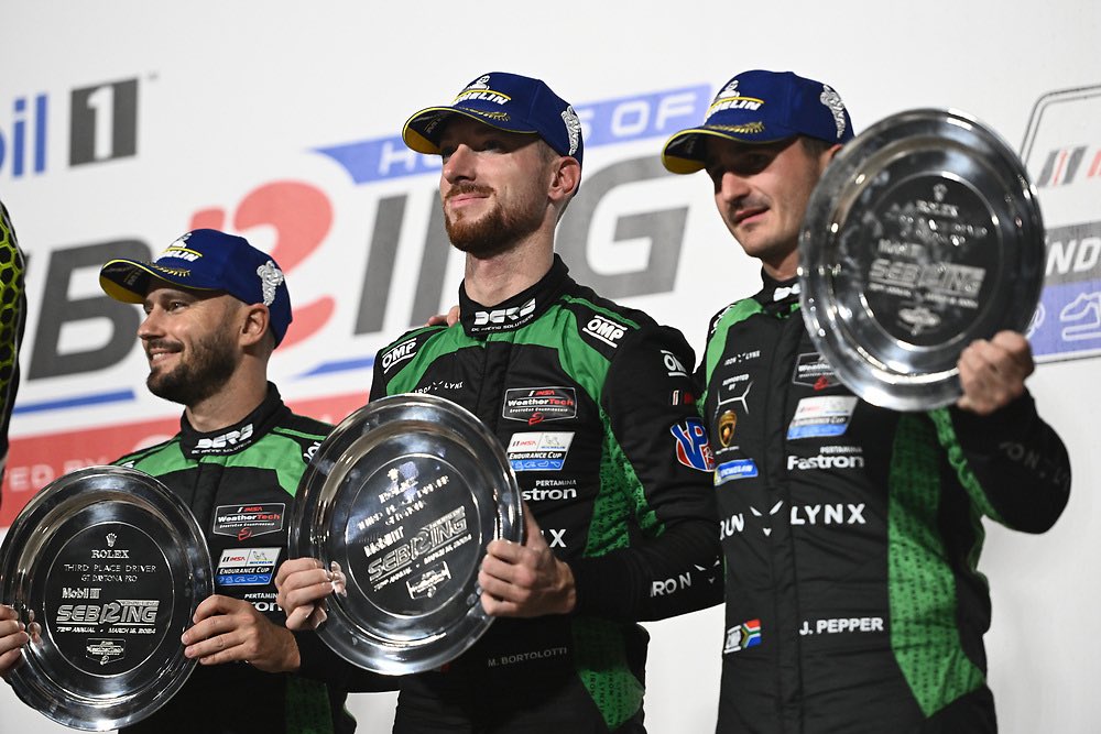 Strong performance by the full factory driver line-up of #19 @IronLynx_ : Mirko Bortolotti, Franck Perera and Jordan Pepper! ✨ Congrats guys for claiming a GTD Pro class podium in dramatic late finish at the Twelve Hours of Sebring! 🥳🥉