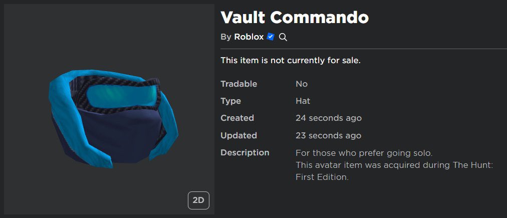 RoGameNews's tweet photo. The”Vault Commando” is possibly going to be a “Limited Time” item in The Hunt. The price is still unknown but possibly will range from 5,000-100,000 Robux. Thoughts?
#Roblox #TheHunt #RobloxHunt #BlueCommando #VaultCommando #Vault #Roblox #Limited https://t.co/FzSWZdoHr6