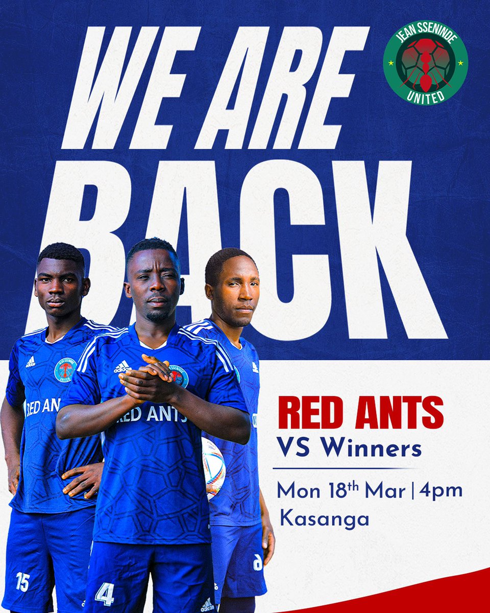 🆙 NEXT 

We’re back for the for new season 

🆚 || Winners FC 
🕜 || 4 PM
🏆 ||MADFA5th Division 
🏟️ || kasanga stadium, KCCA
📲 || Live Twitter Updates 
 
#RedAnts || #RATWIN #GoingforTrophy1 || #JeanSsenindeUnited