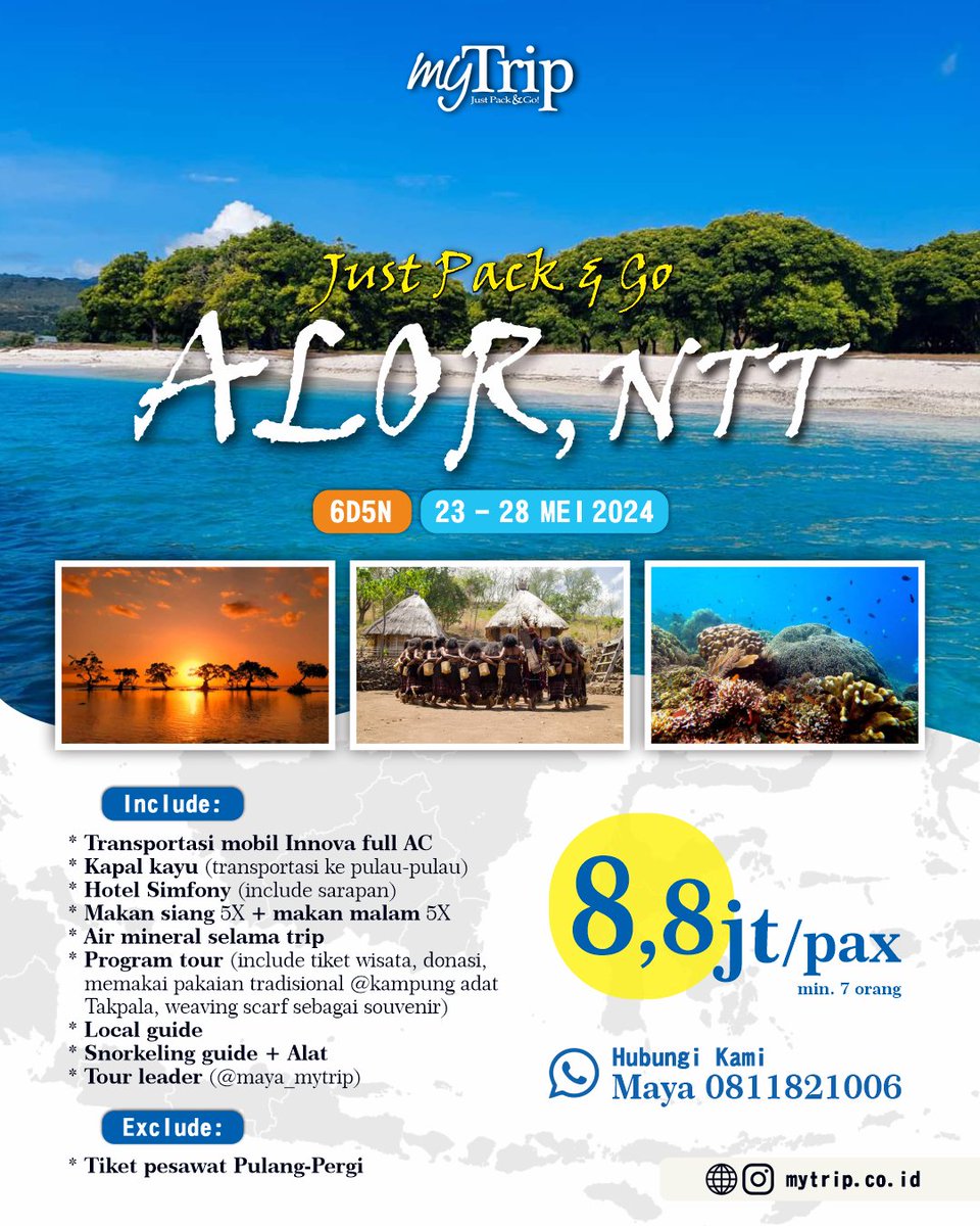 MyTrip_magazine's tweet image. Yuk ikutan ke Alor tgl 23-28 Mei 2024. Alor di mana? Di NTT, 1 jam naik pesawat lagi dari Kupang. Pantainya bagusss, airnya jernih. Ada kunjungan ke rumah adat dan air terjun juga. Tak lupa juga ketemu dugong kesayangan.
#opentrip
#alor
#NTT